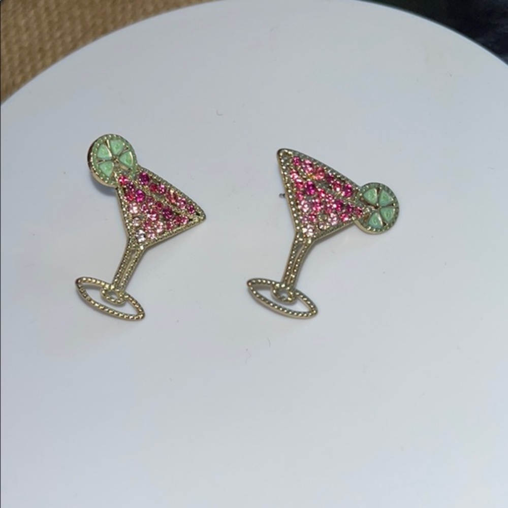 Kitschy Pink and Green Cocktail Glass Rhinestone Earrings